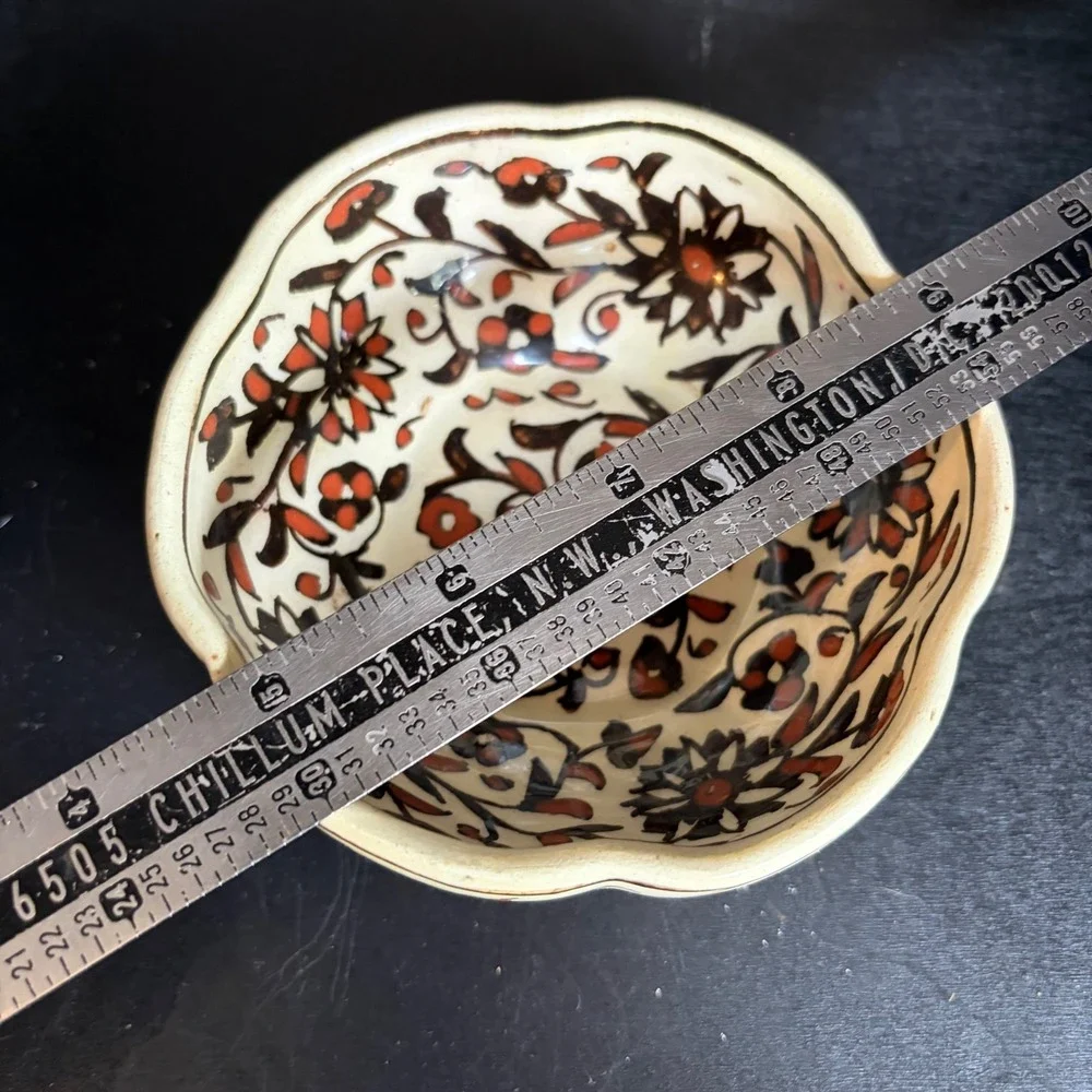 Hand Painted Floral Ceramic Bowl Scalloped Rim Rust Red Brown Artisan Pottery